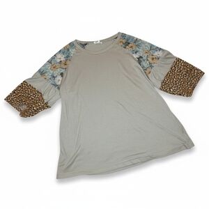 F&F Taupe Raglan Top with Floral Panels & Leopard Cuffs